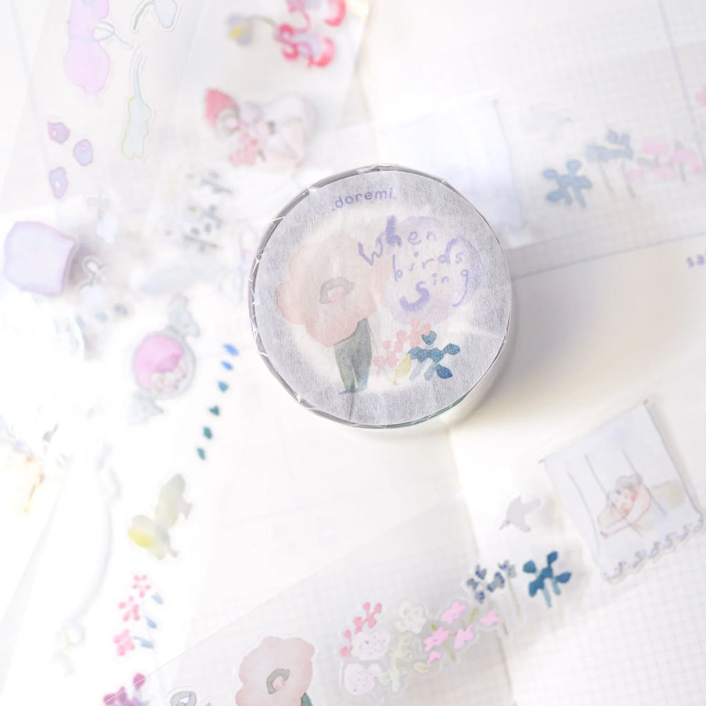 When Birds Sing .doremi. PET Tape by Dodolulu — floral round PET tape case, for journaling & deco