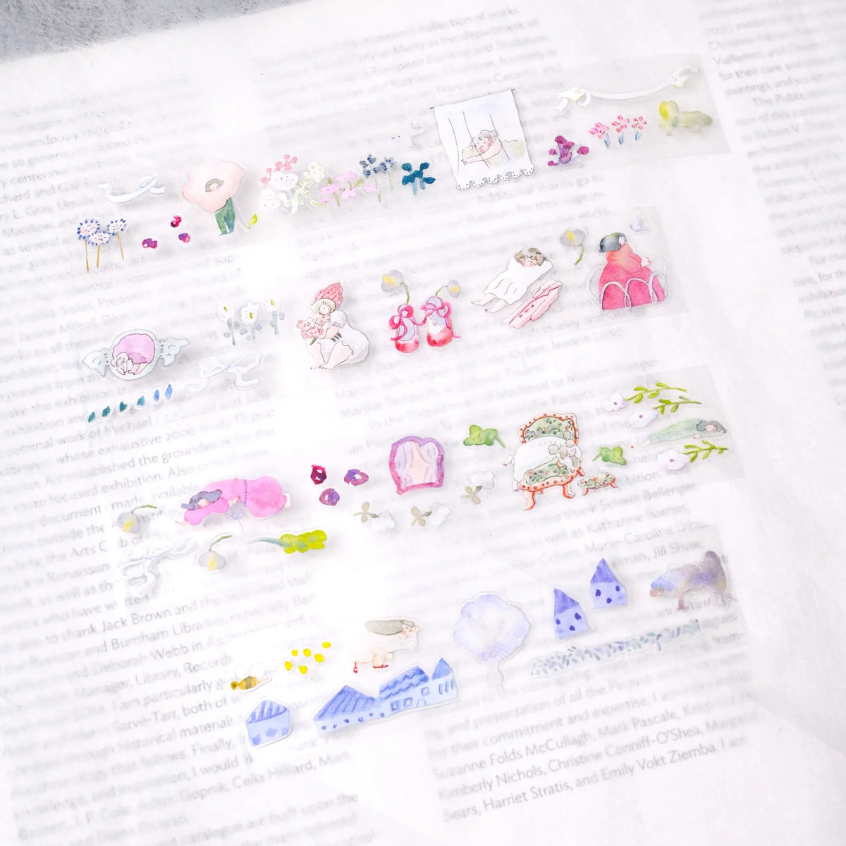 When Birds Sing .doremi. PET Tape by Dodolulu — tiny pastel birds and houses on clear PET deco tape, for journaling