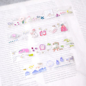 When Birds Sing .doremi. PET Tape by Dodolulu — tiny pastel birds and houses on clear PET deco tape, for journaling
