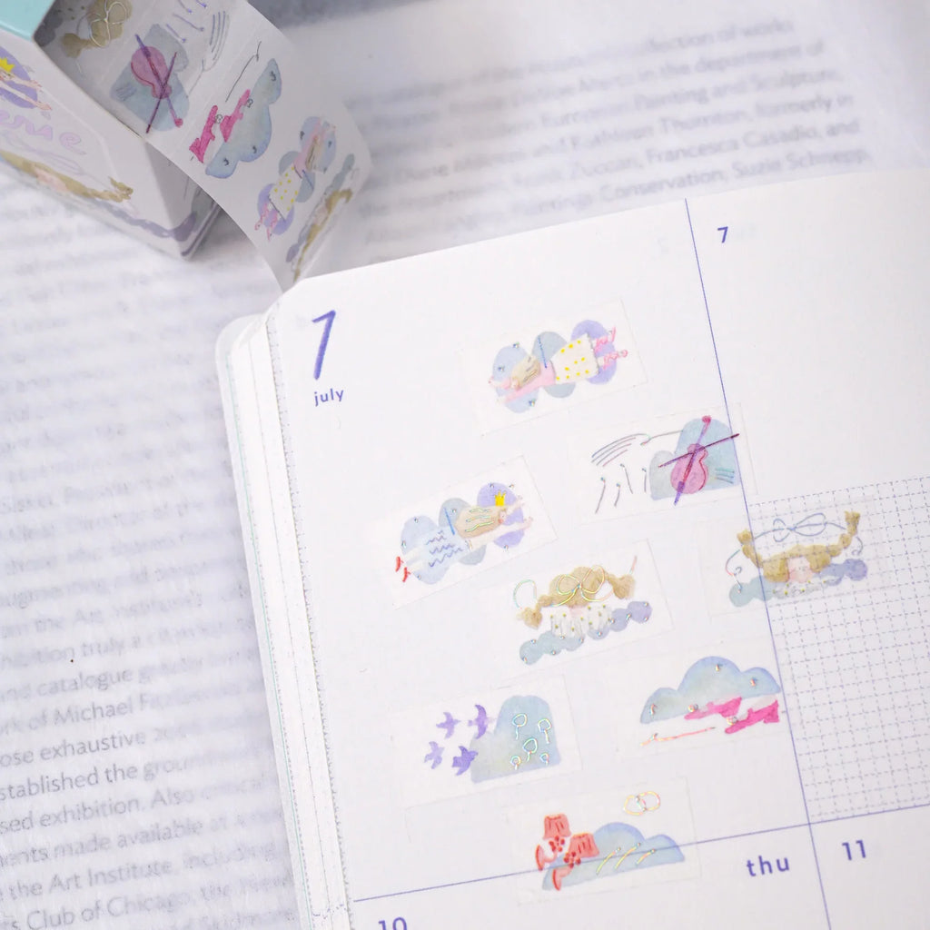 Reverie Foil Washi Label Tape by Dodolulu — cloud-and-bird washi label tape stickers with box, for journaling