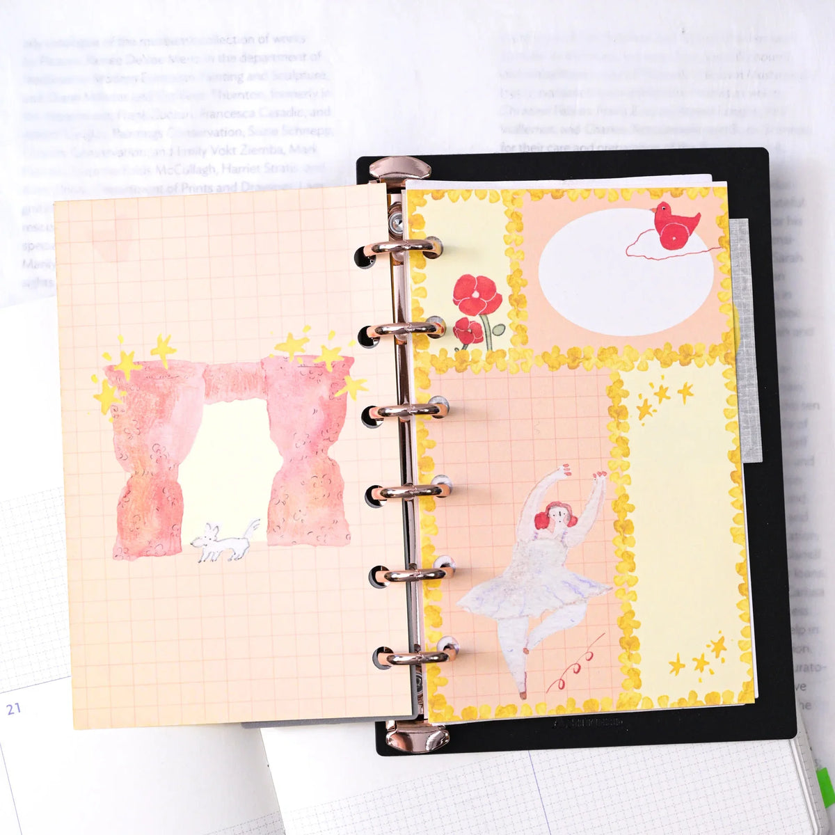 On Stage M6 Notebook Refills by Dodolulu — ballerina-themed inserts in an open ring planner, for journaling