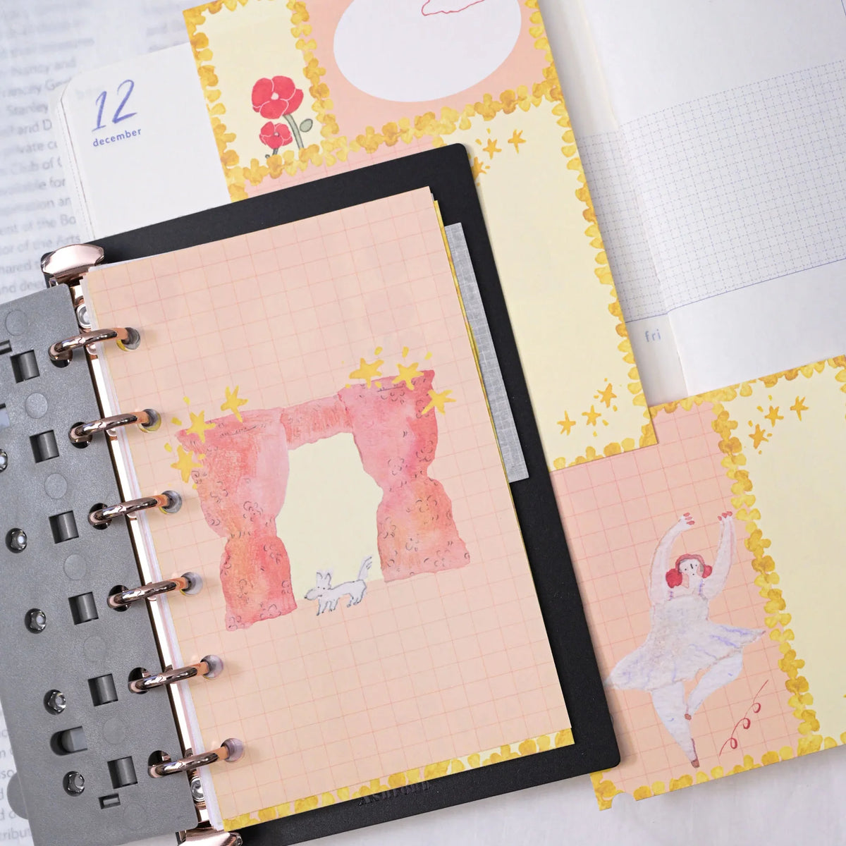 On Stage M6 Notebook Refills by Dodolulu — pink grid insert in a ring binder with stickers, for journaling
