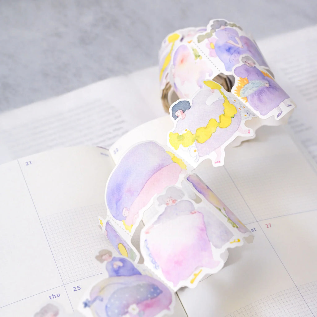 Easy Afternoon Memo Label Tape by Dodolulu — purple-dress-girl washi label tape unrolled, for journaling