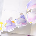 Easy Afternoon Memo Label Tape by Dodolulu — purple-dress bedroom-scene label tape stickers, for journaling