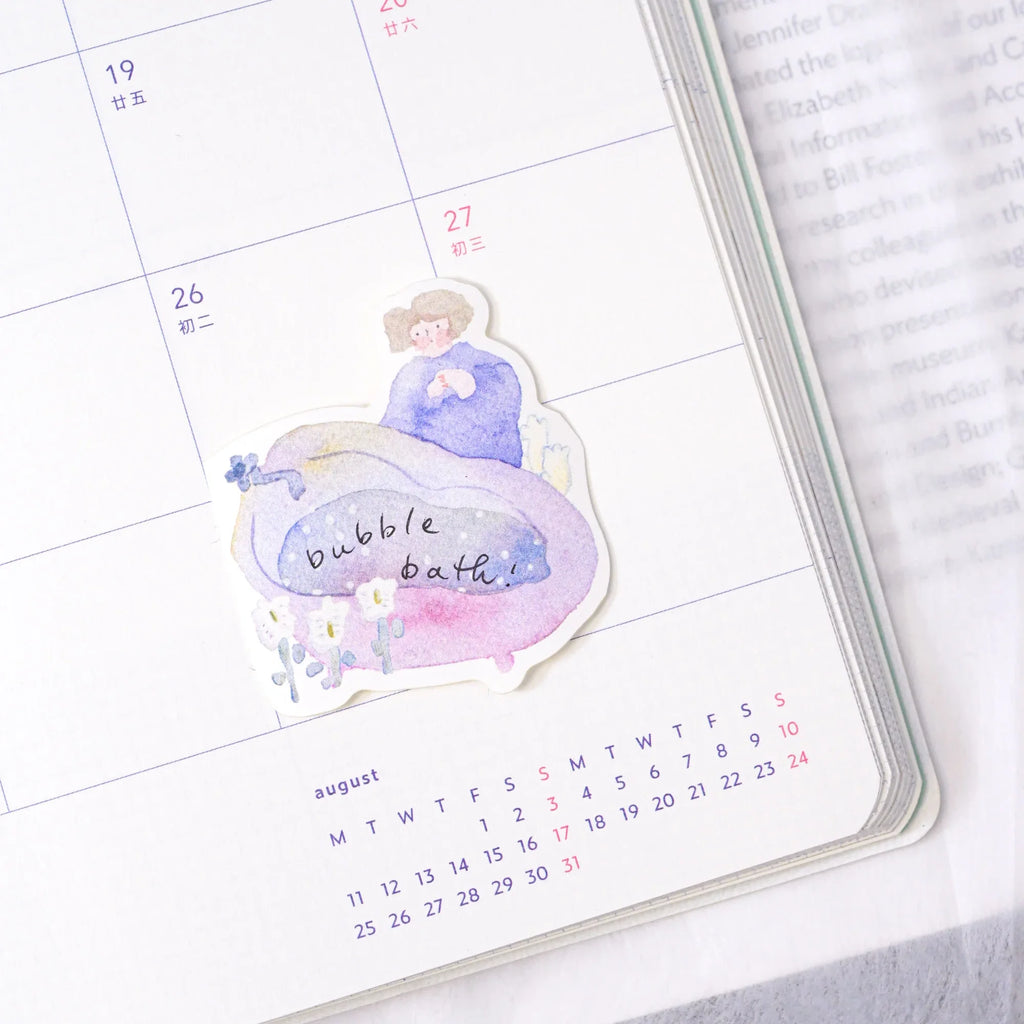 Easy Afternoon Memo Label Tape by Dodolulu — 'bubble bath!' die-cut sticker in a planner, for journaling