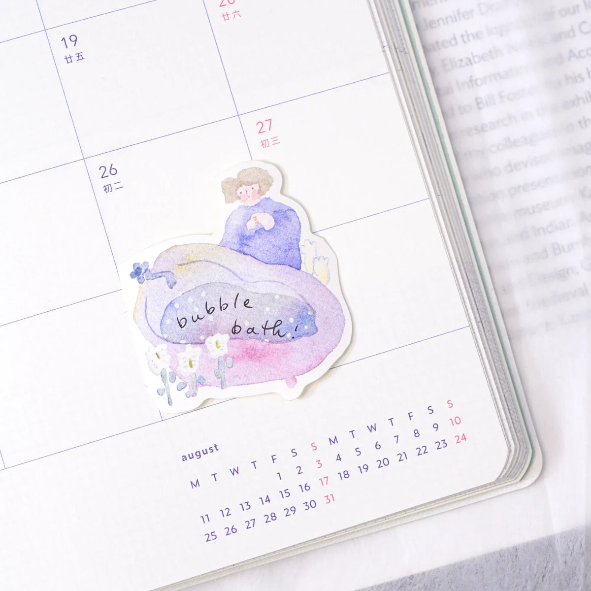 Easy Afternoon Memo Label Tape by Dodolulu — 'bubble bath!' die-cut sticker in a planner, for journaling