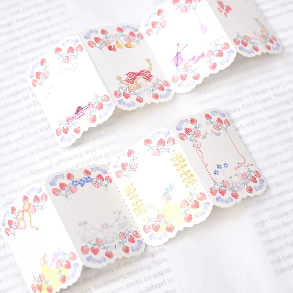 Berry Tales Memo Label Tape by Dodolulu — floral-and-strawberry scalloped label tape, for journaling
