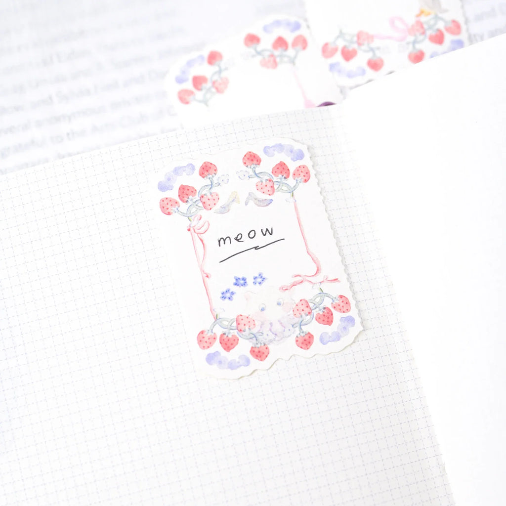 Berry Tales Memo Label Tape by Dodolulu — 'meow' strawberry-border die-cut sticker, for journaling