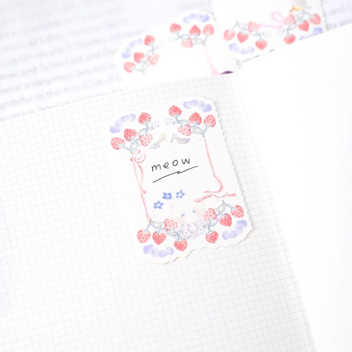 Berry Tales Memo Label Tape by Dodolulu — 'meow' strawberry-border die-cut sticker, for journaling