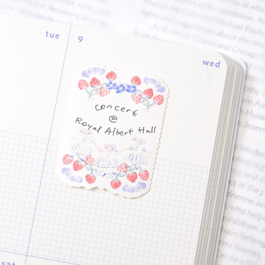 Berry Tales Memo Label Tape by Dodolulu — strawberry die-cut sticker in a planner, for journaling