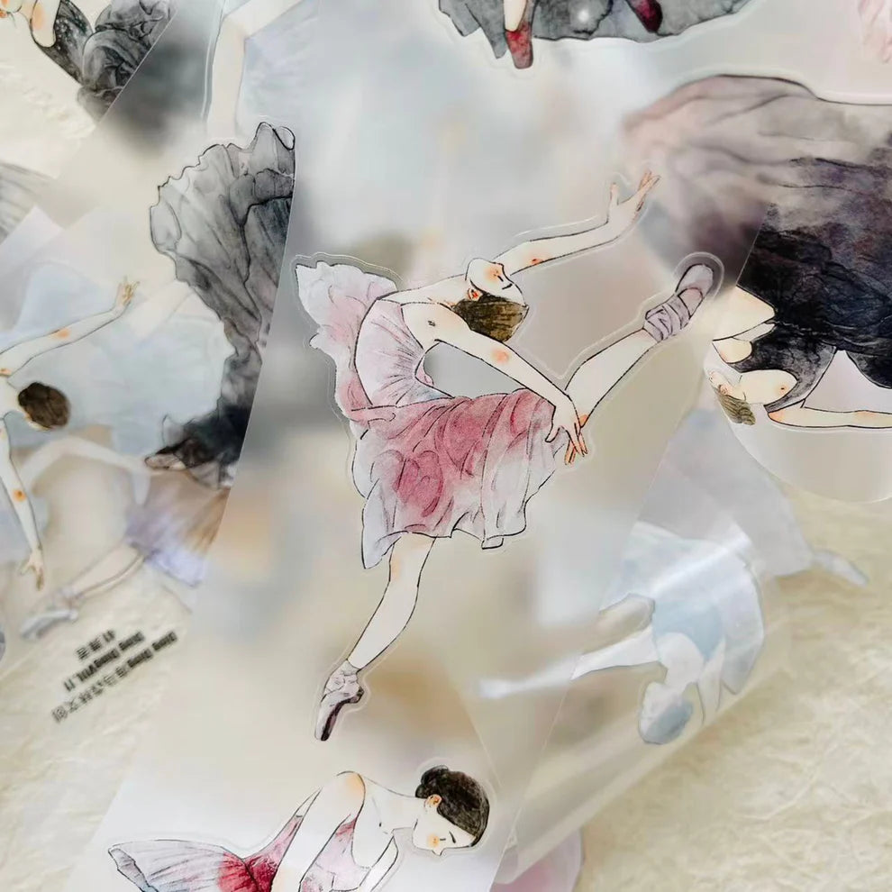 Dancer 41 PET Tape ballerina designs styled on silk fabric, textured close-up detail view