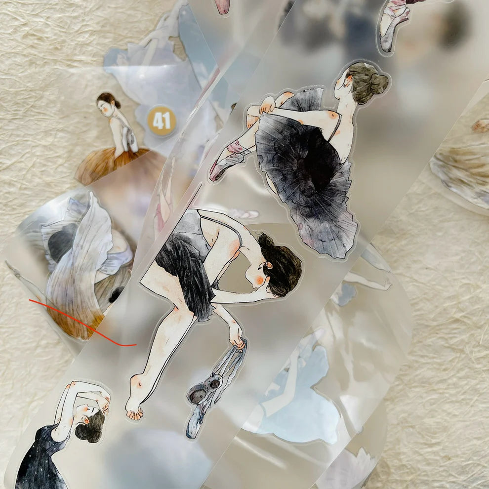 Collage of Dancer 41 PET Tape ballerinas in varied poses on a textured beige background