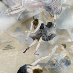 Illustration of a ballerina in a tutu with mirrored images on a textured beige background