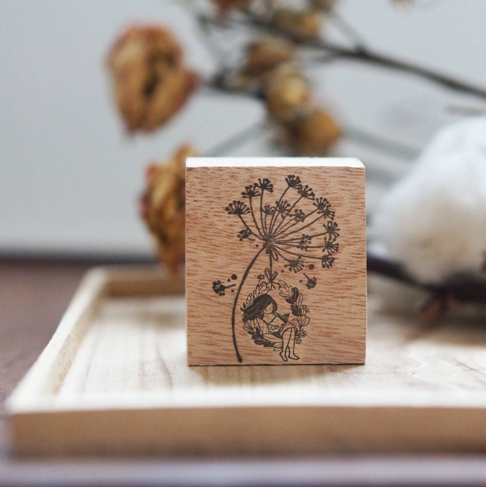 Dandelion Swing Rubber Stamp by Black Milk Project with a whimsical swinging-on-a-dandelion scene