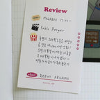 Handwritten review of a movie screening with colorful icons and text on a white background.