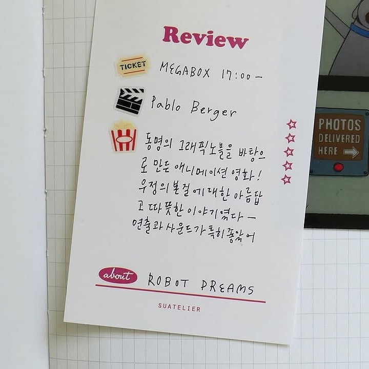 Handwritten movie review with colourful icons and text, from the Deco 16 Sticker Sheet