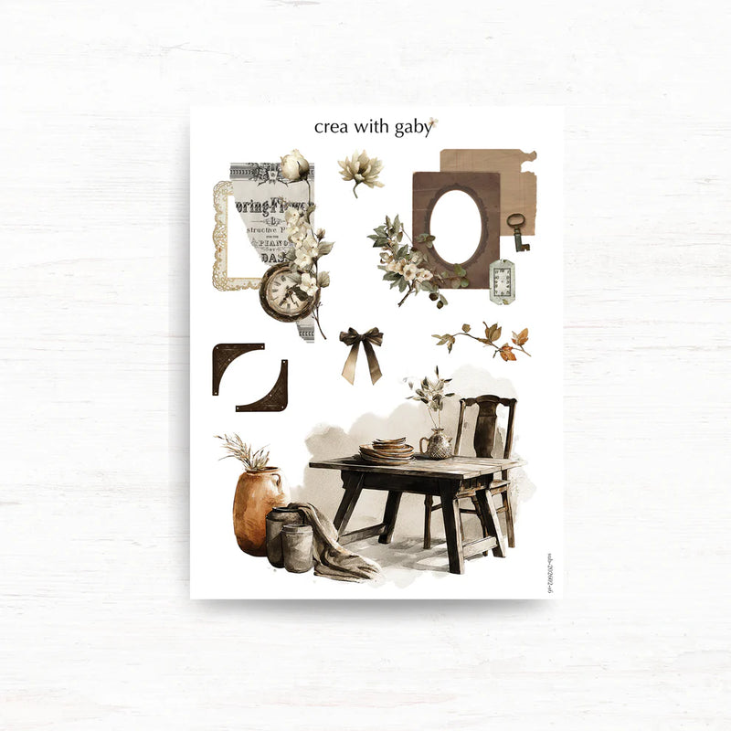 Nostalgia Deco Stickers by crea with gaby washi paper collage sheet on a white background