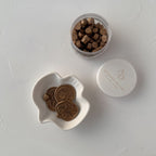 Small white dish with pet treats, a container of more treats, and a white lid on a light gray background.