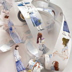 Illustrated stickers of a woman in a blue dress on a white background