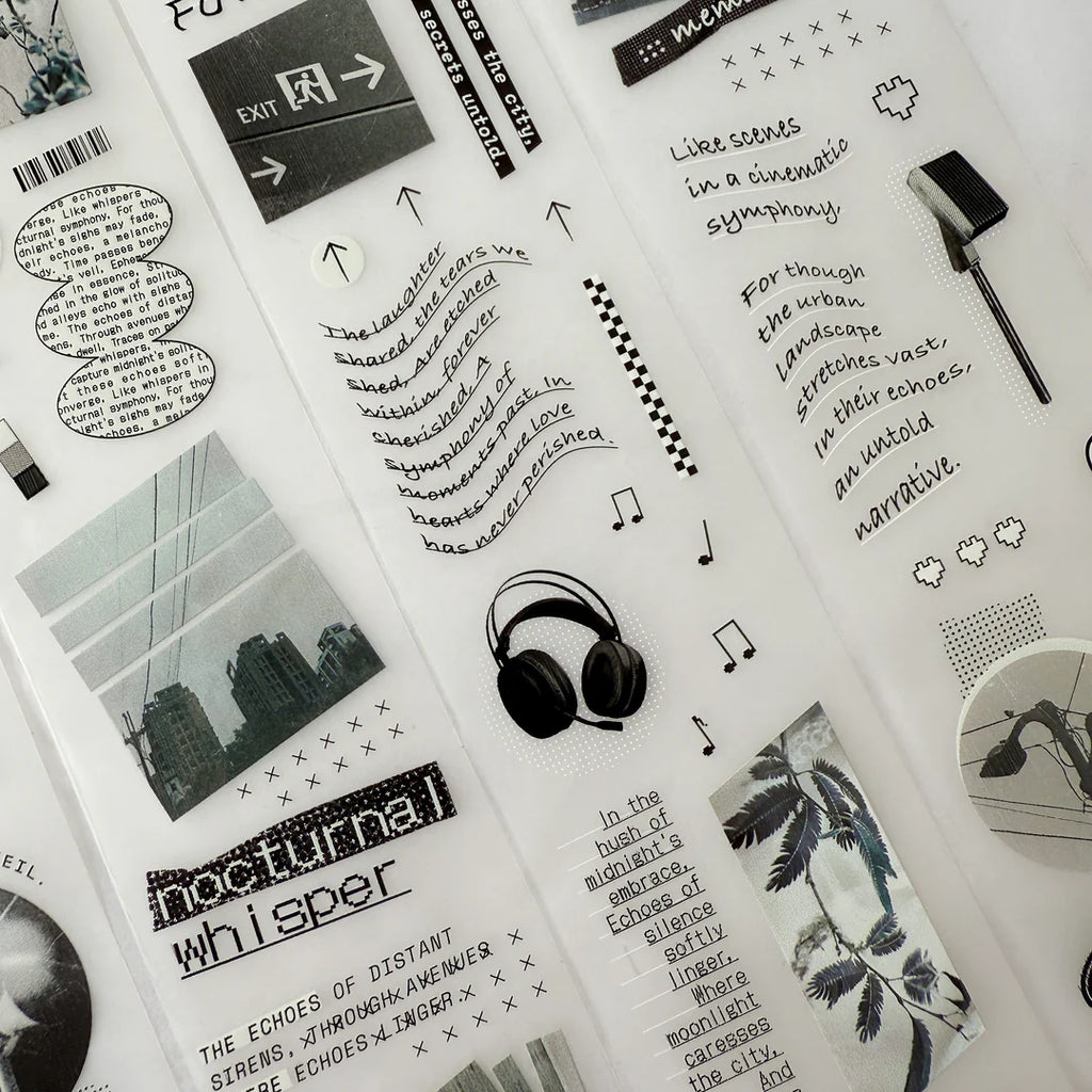 Collage of black and white images and text on a white background