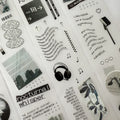 Collage of black and white images and text on a white background
