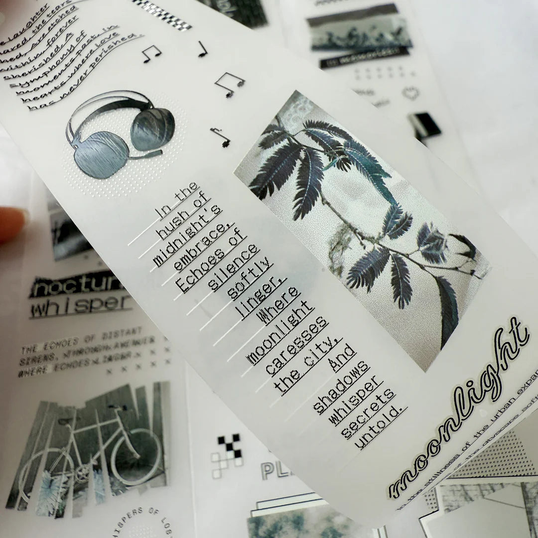 Echo Blue Matte PET Tape bookmark-style designs with text and illustrations on white