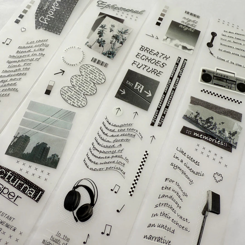 Collection of black and white cards with text, graphics, and photos on a white background