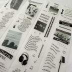 Collection of black and white cards with text, graphics, and photos on a white background