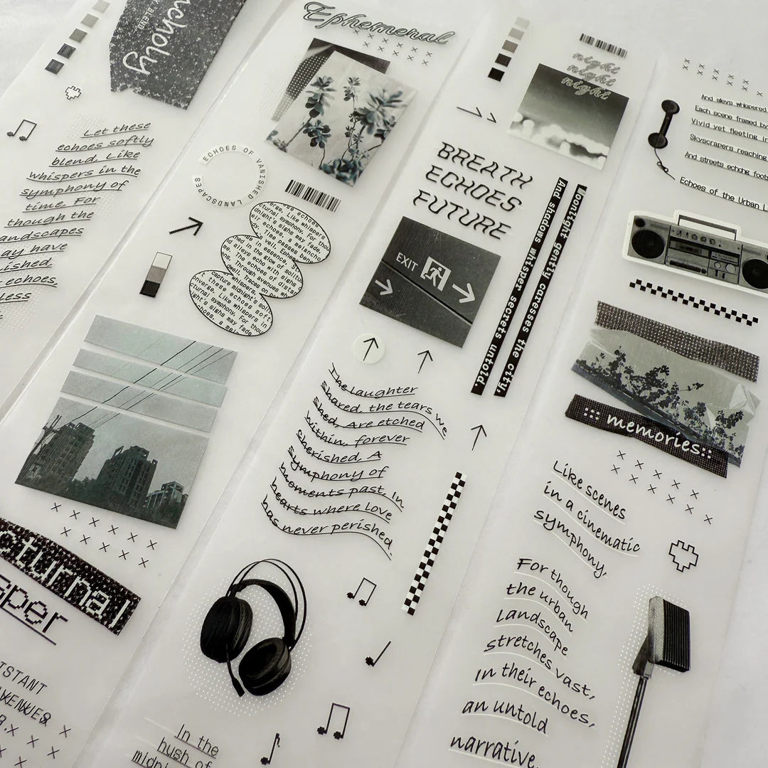 Echo Blue Matte PET Tape monochrome cards with text, graphics and photos on white