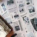 Collection of black and white stickers with text and images on a white background