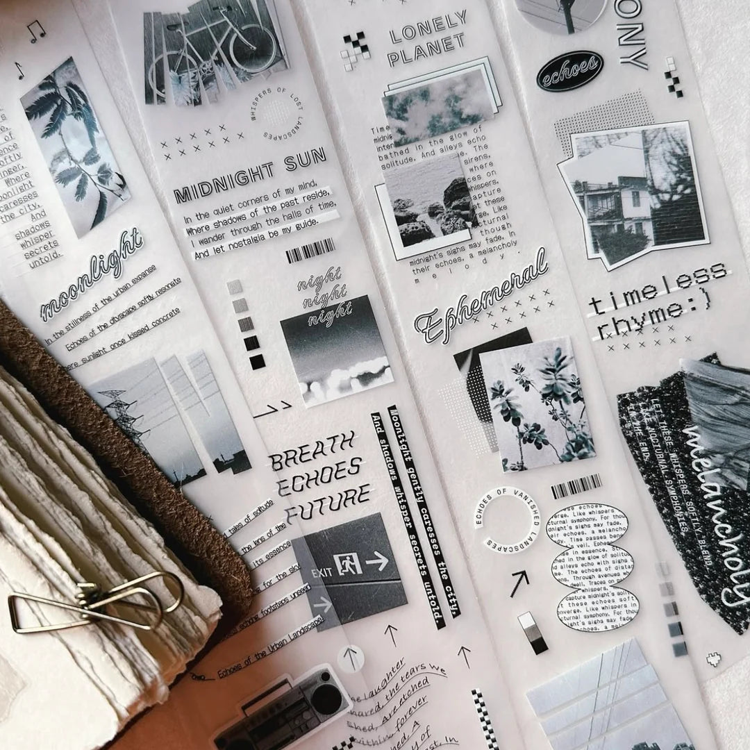 Full spread of Echo Blue Matte PET Tape monochrome sticker designs on a white background
