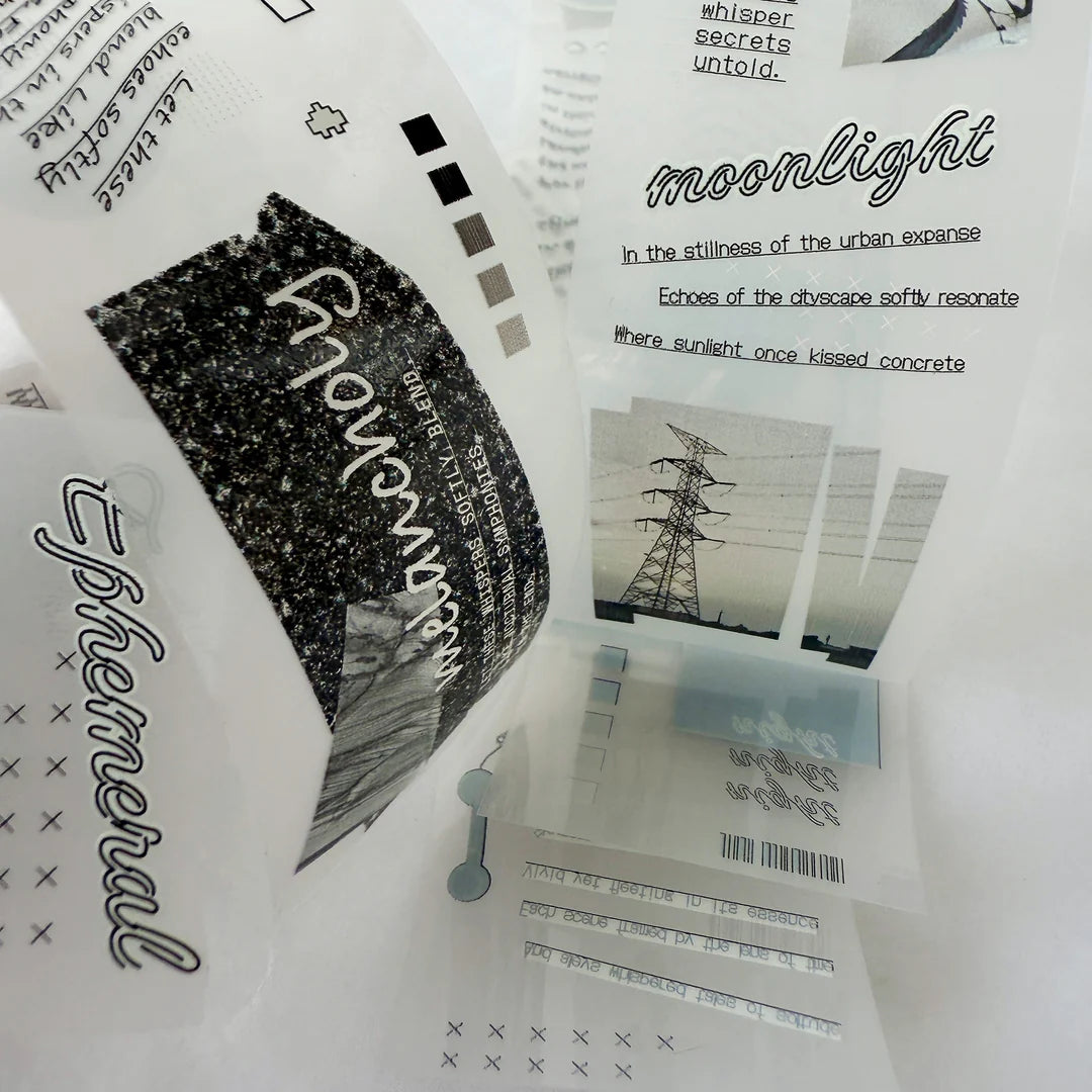 Echo Blue Matte PET Tape collage with moonlight and ephemeral phrases on a white backdrop