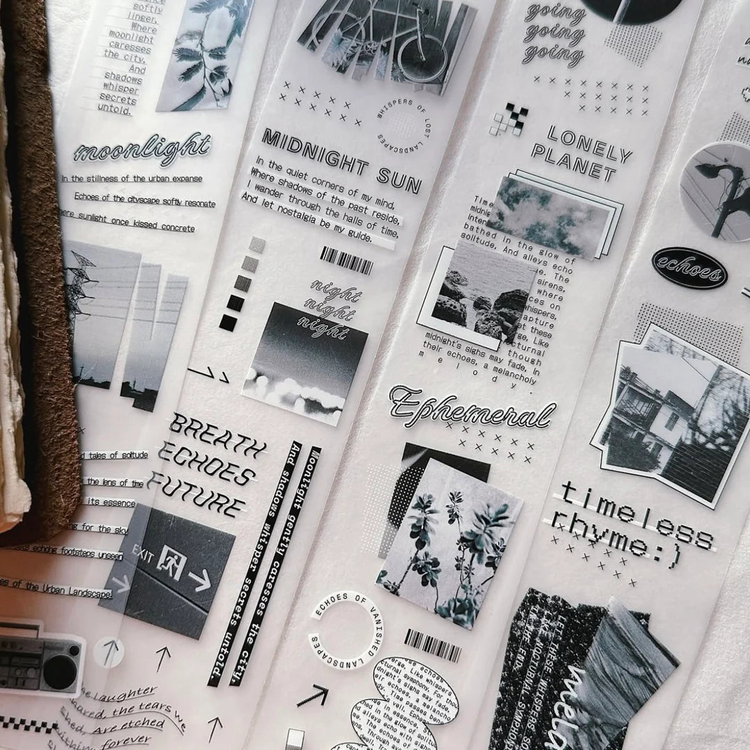 Echo Blue Matte PET Tape black and white photo collages with text on a textured surface