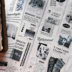 Collection of black and white photo collages with text and decorative elements on a textured surface.