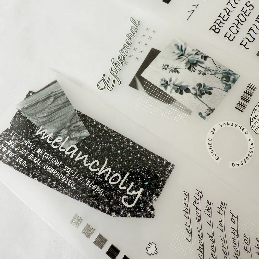 Echo Blue Matte PET Tape black and white text and image collage laid on a white surface