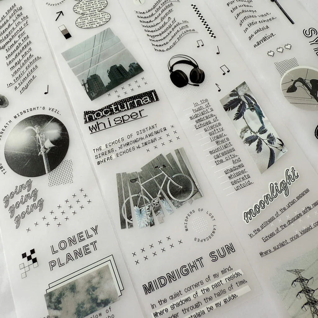 Collection of black and white stickers with text and images on a white background