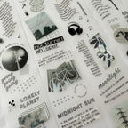 Collection of black and white stickers with text and images on a white background