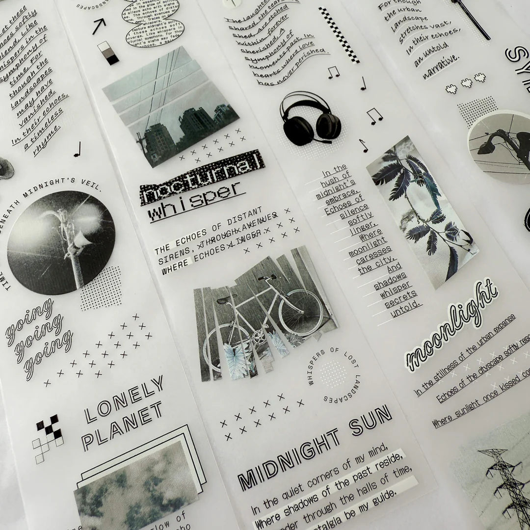 Collection of Echo Blue Matte PET Tape monochrome stickers with text on a white backdrop
