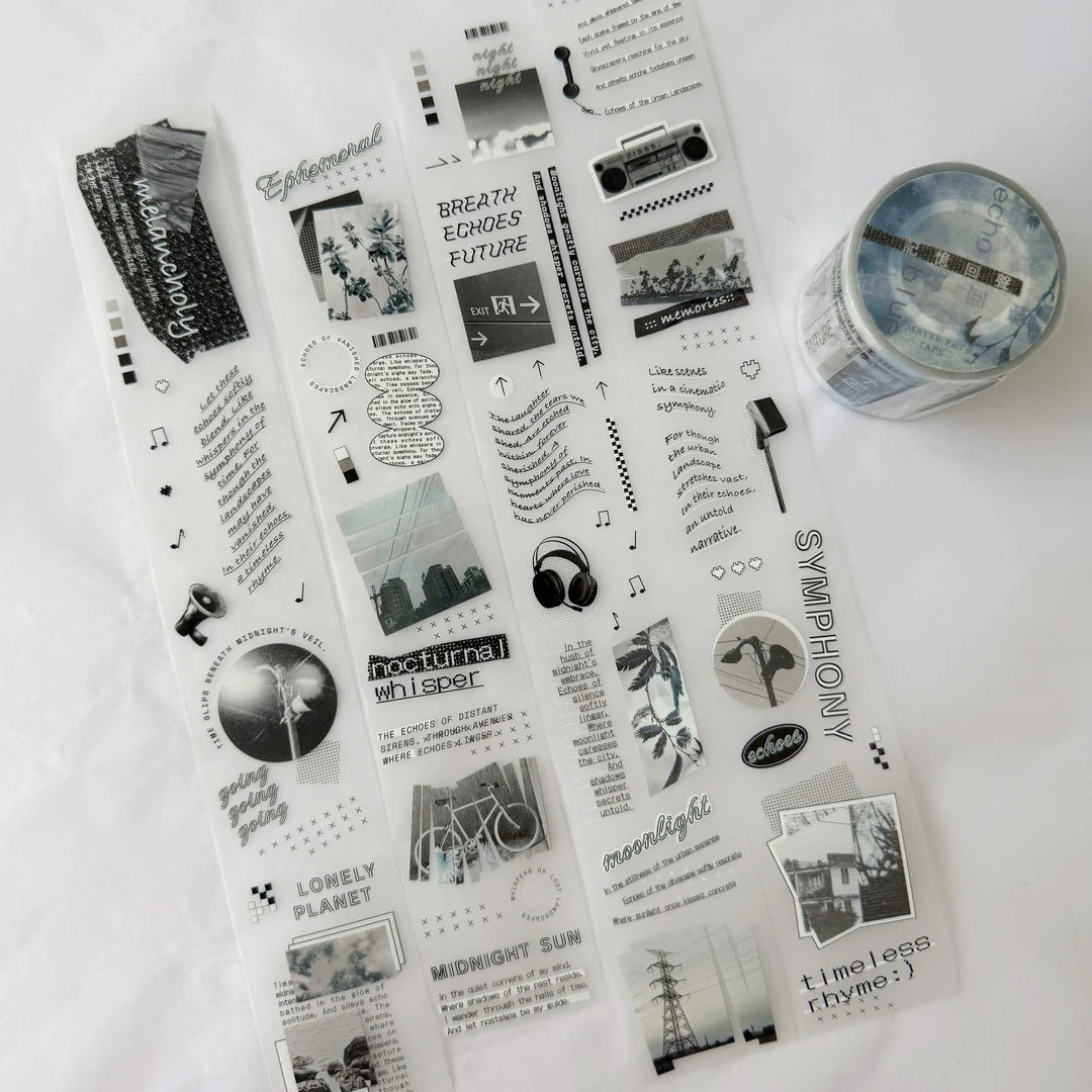 Echo Blue Matte PET Tape black and white decorative sheets with graphics on white