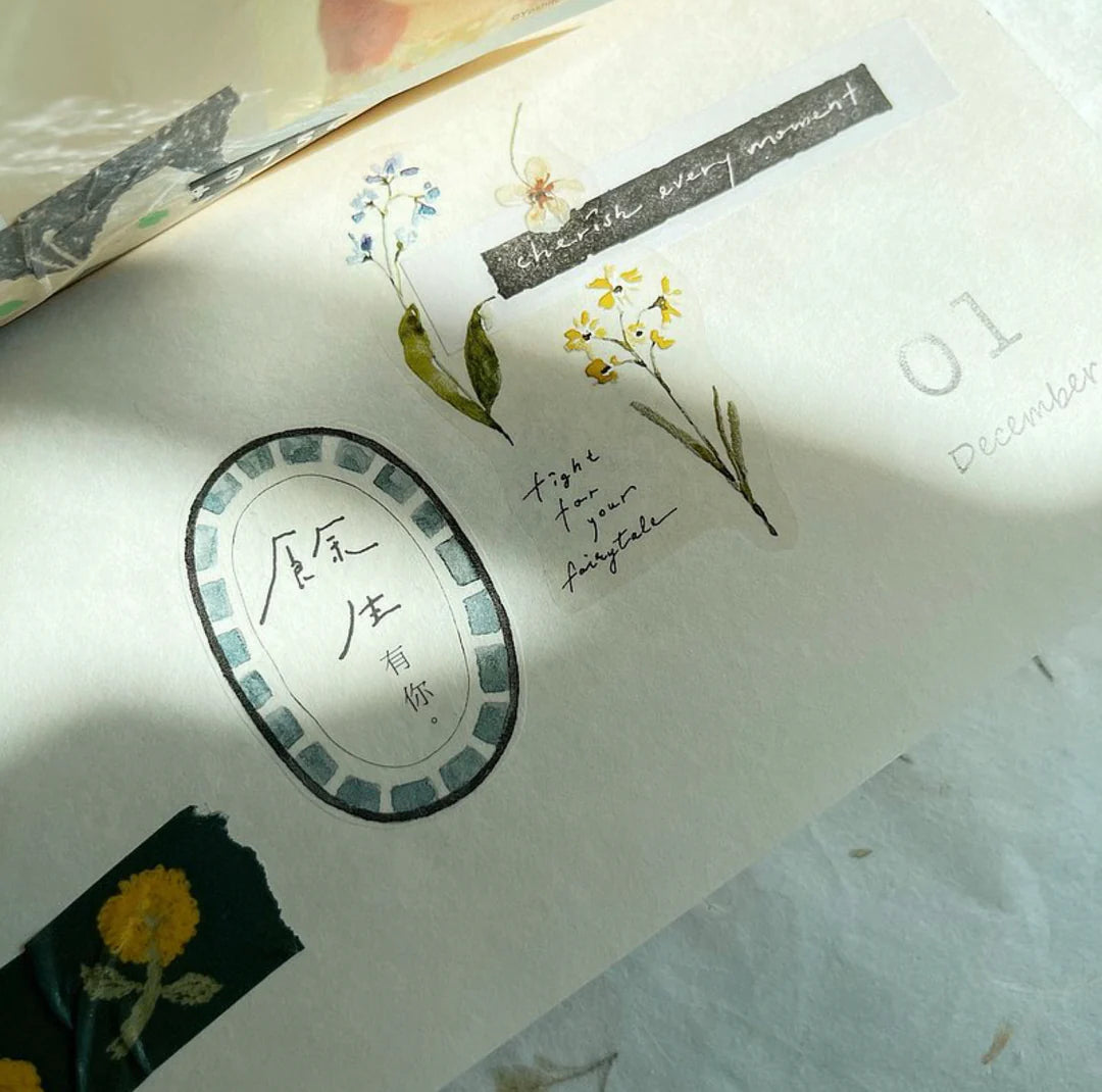 Decorative card with floral elements and text on a textured surface