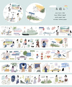 Set of illustrated washi tape rolls with various scenes and text on a light blue background.