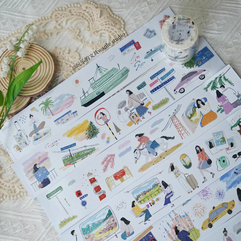 En Route Washi Tape sheet of travel illustrations with the roll of tape alongside