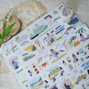 En Route Washi Tape sheet of travel illustrations with the roll of tape alongside