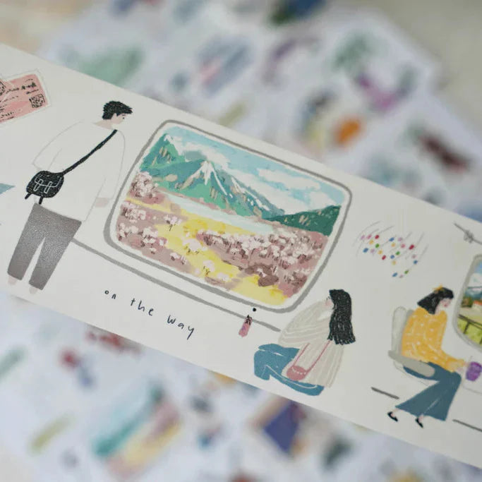 Illustrated card with people and a scenic view, on a blurred background of similar cards.