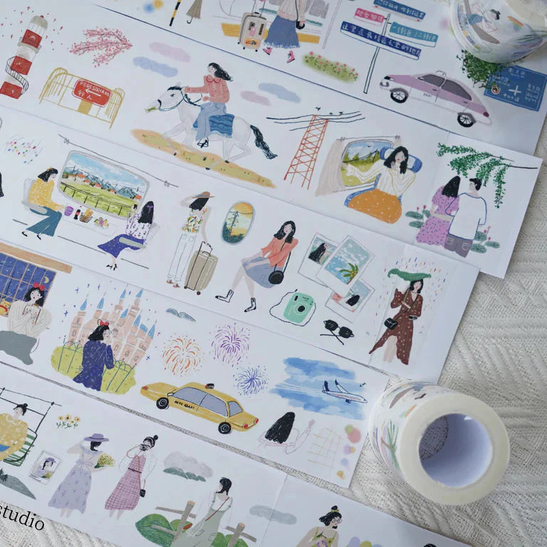 En Route Washi Tape illustrated sheets of people and scenes beside the tape roll