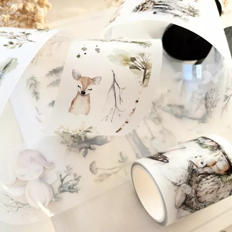 Enchanted Forest PET Tape nature designs styled on ceramic cups on a light background