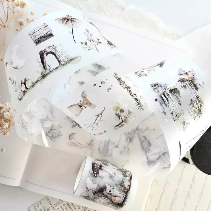 Enchanted Forest PET Tape mystical forest prints styled on cushions on a white surface