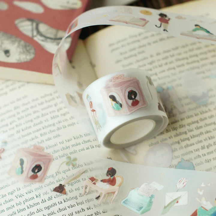 Enchanted Library PET Tape whimsical character designs styled across an open book spread