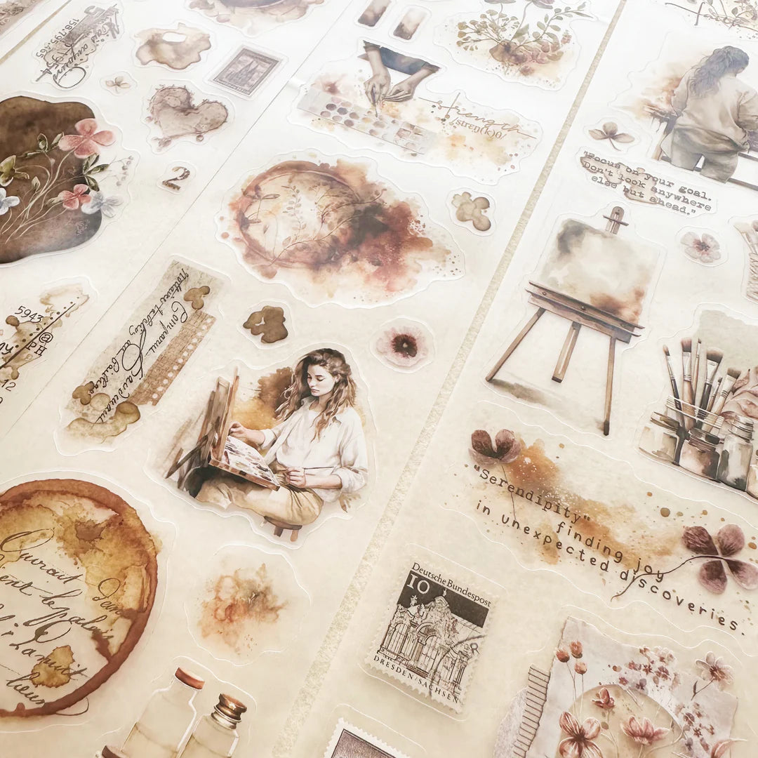 Espresso Enthusiast PET Tape artistic stickers with a painting woman and brushes