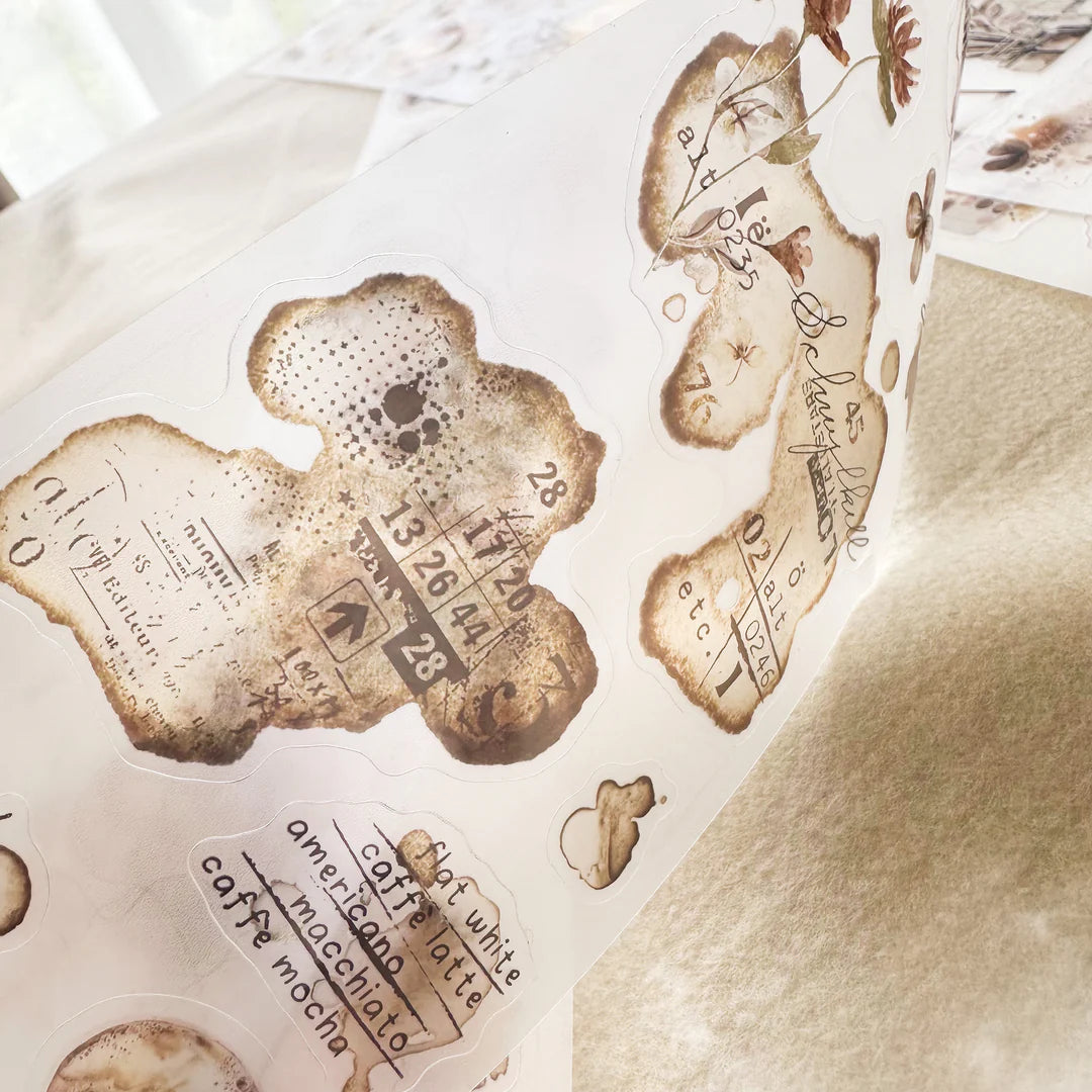 Close-up of an Espresso Enthusiast PET Tape coffee filter design with text on beige